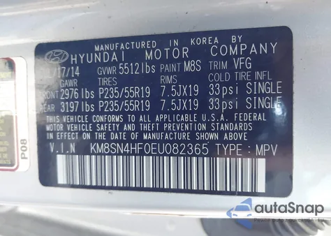 2014 Hyundai Santa Fe Gls z USA, uszkodzony, nr VIN KM8SN4HF0EU082365